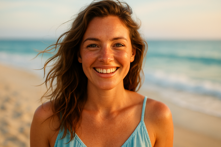 Happy female customer Head shot beach theme 